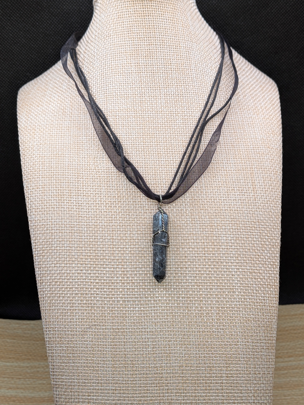 Larvikite Crystal Point Choker Necklace, Sheer Black Ribbon